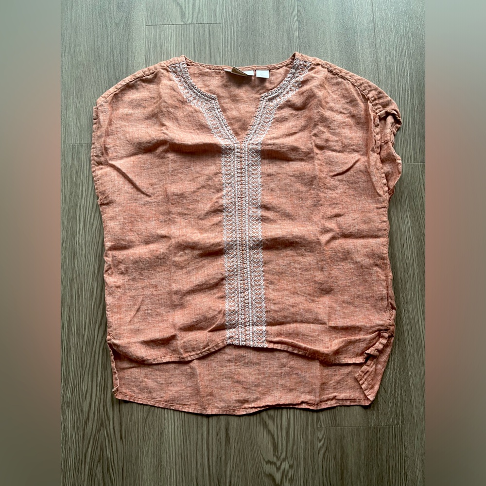 House of Harlow 1960 Blouse V-Neck Embroidered Linen Orange Vintage Look Size S